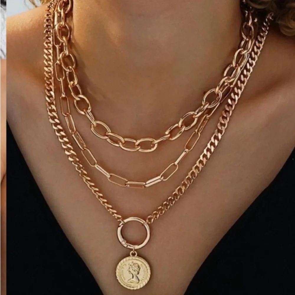 Vintage 24k Gold  Plated Layered Necklace Trendy Chunky Cuban Link Paperclip Cha - Picture 8 of 11